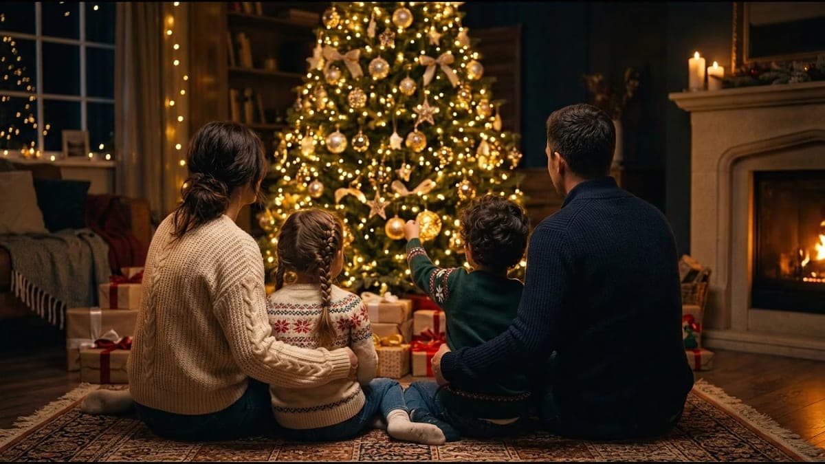 A family seen from behind sitting on a rug before a tall lit Christmas tree: the mother strokes her daughter's hair, the little boy reaches toward a golden bauble, a fire burns in the fireplace
